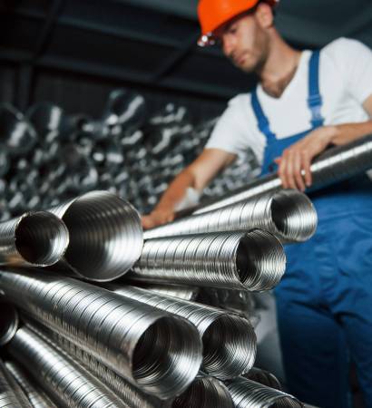 Silver colored ventilation pipes. Man in uniform works on the production. Industrial modern technology.